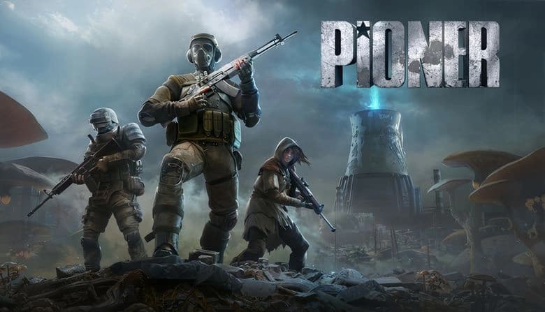 Three armed figures in tactical gear stand in a post-apocalyptic landscape with large mushrooms and a nuclear reactor.