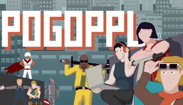Diverse punk characters with pogo sticks in an urban backdrop; one holds a laptop, others wear headphones and sunglasses.