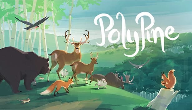 A lush forest scene features a bear, two deer, a fox, a squirrel, and birds surrounded by trees and rolling hills.
