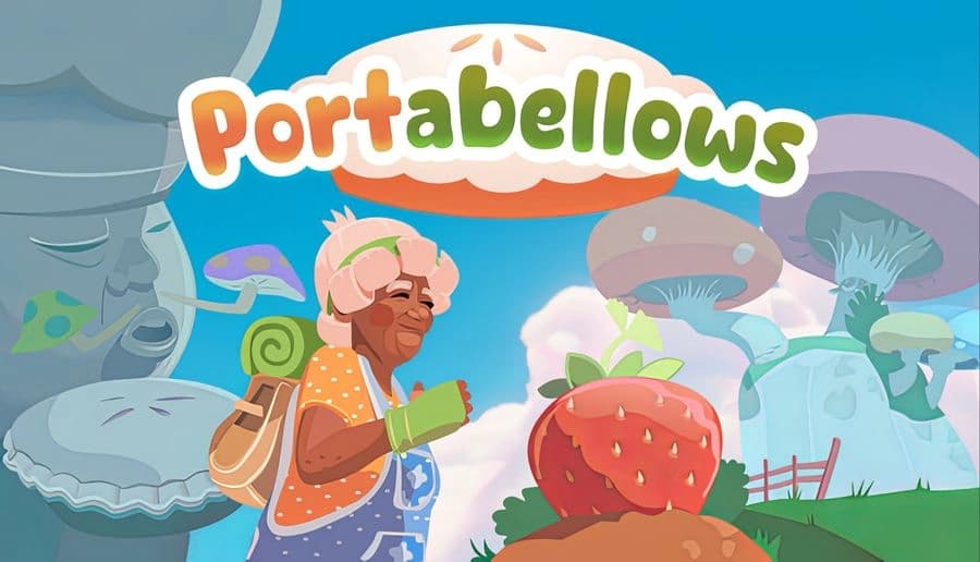Portabellows: smiling old woman with pink hair holds a jar and backpack beside giant strawberry in pastel garden.