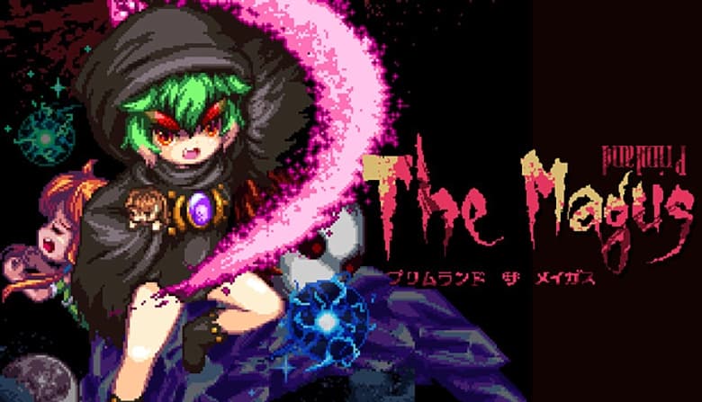 Primland The Magus: Hooded boy with green hair slashes a weapon leaving glowing pink trail in pixelated sci-fi setting.