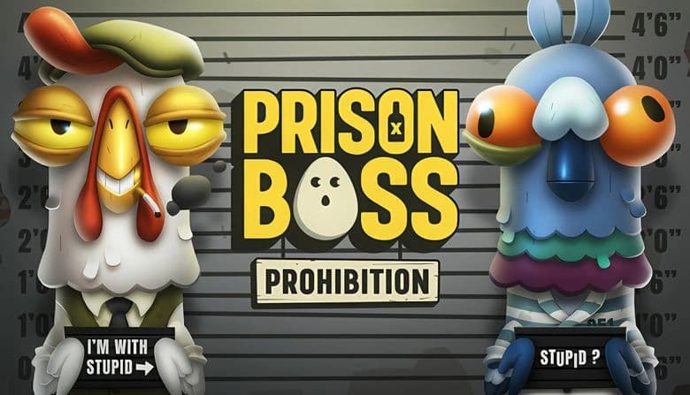 Cartoon chicken with cigarette and a sign stands on left next to colorful bird with another sign against a mugshot backdrop.