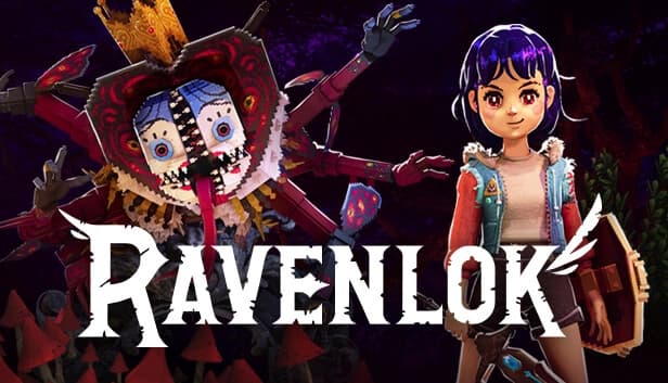 Young girl with purple hair holds a shield and sword, standing against a backdrop of red mushrooms and large masked creature.