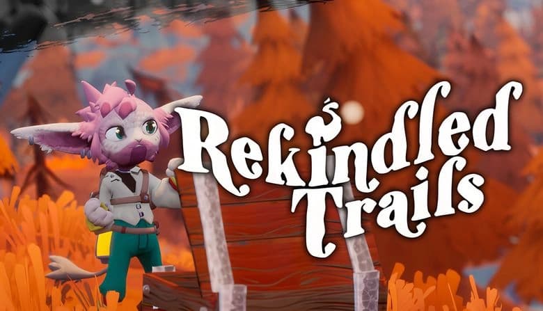 A pink humanoid cat-like creature with large ears and expressive eyes stands behind a wooden chest in an orange forest.