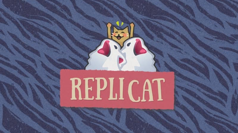 Cheerful cat with raised paws peeks over two screaming white rats against a blue-striped background.