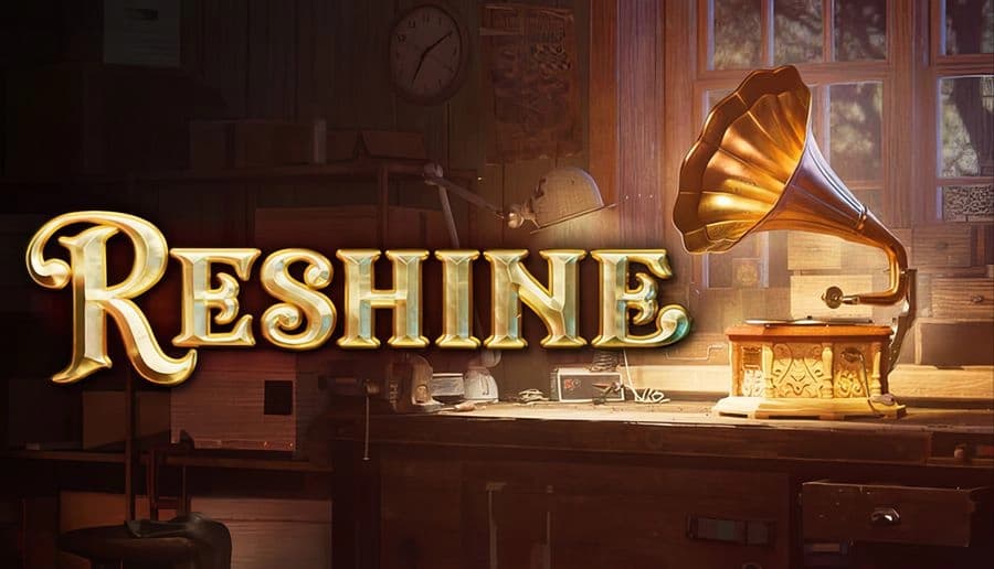 Reshine: brass gramophone on cluttered workbench, horn glowing in sunlight, in a dusty workshop with shelves.