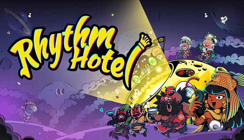Rhythm Hotel: Cartoon characters dance joyfully on a colorful stage with a large spotlight, planets visible in the backdrop.