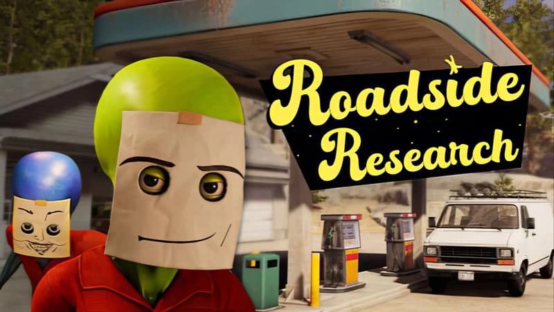 Roadside Research: Aliens in paper masks near gas station pumps, disguising amidst human setting with van backdrop.