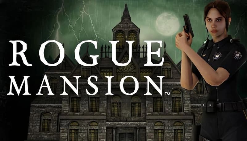 Rogue Mansion: Female officer with gun stands before eerie mansion under stormy sky, lightning and full moon visible.