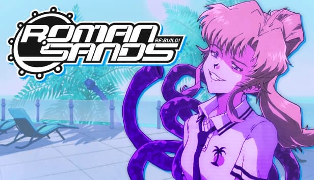 Young woman with pink hair, wearing a palm tree shirt with blue tie, smiles confidently. Purple tentacles surround her.