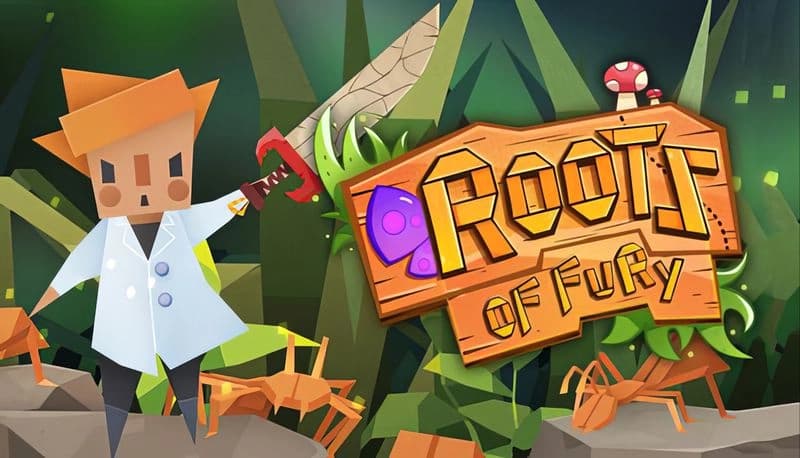 Roots of Fury: Young scientist with sword stands by ants on rocks in forest setting, colorful fungi and greenery surround.