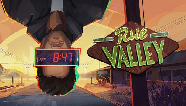 Rue Valley: Upside-down man with clock face displays 8:47 PM, set against a desert sunset road, power lines visible.