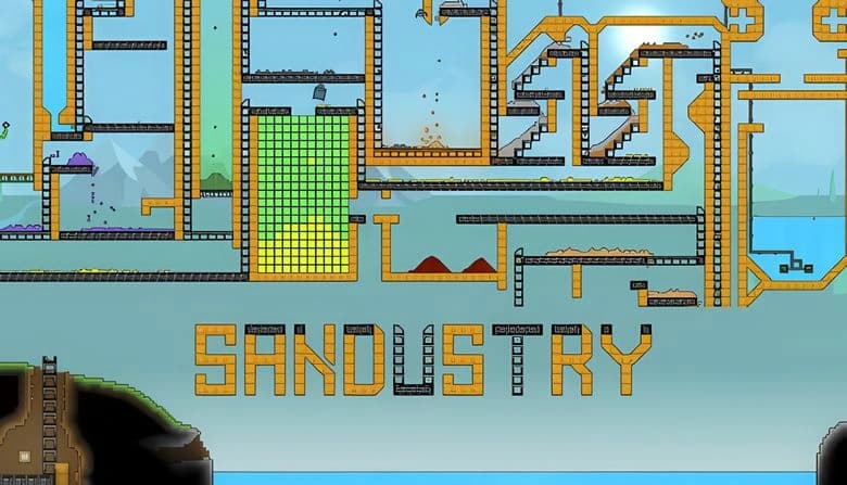 Sandustry: Intricate conveyor system transports resources through maze-like factory in a vibrant, industrial landscape.