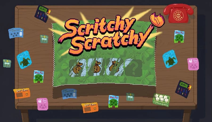 Scritchy Scratchy: Scratch cards laid on a wooden table with a red rotary phone, showcasing colorful scratch-off designs.
