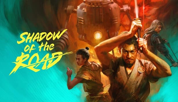 Determined samurai holding a glowing red sword, flanked by a young girl and an archer; steampunk machine looms.