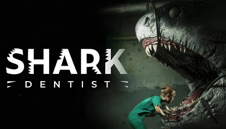 Shark Dentist: Young woman in green scrubs treats huge shark's teeth in dark clinic, facing its open jaws under dim light.