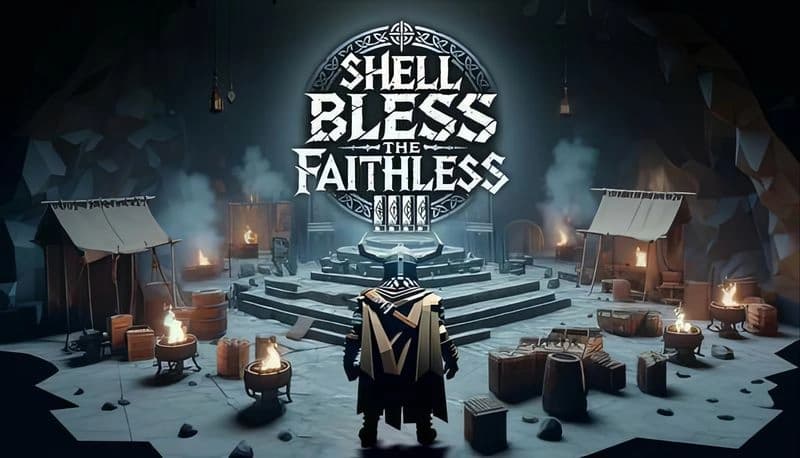 Shell Bless the Faithless: Viking warrior stands in cavernous camp with tents, flames, and stone altar under dim light.