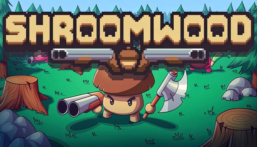 Shroomwood: brown mushroom warrior holds a double axe and shotgun beneath a banner in a pine forest clearing.