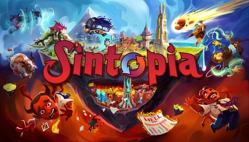 Sintopia: Diverse characters in whimsical chaos with flying pigs, colorful landscapes, and fiery creatures in an idyllic village.