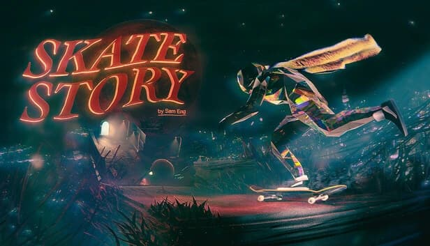 Skate Story: A crystal-like figure skateboarding through a dark, surreal landscape with glowing plants and a distant orb.