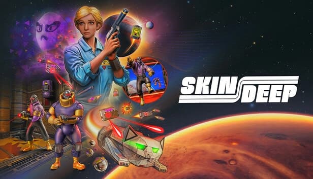 A blonde woman in blue overalls holds a pistol amid armored figures and a cat spaceship in space.