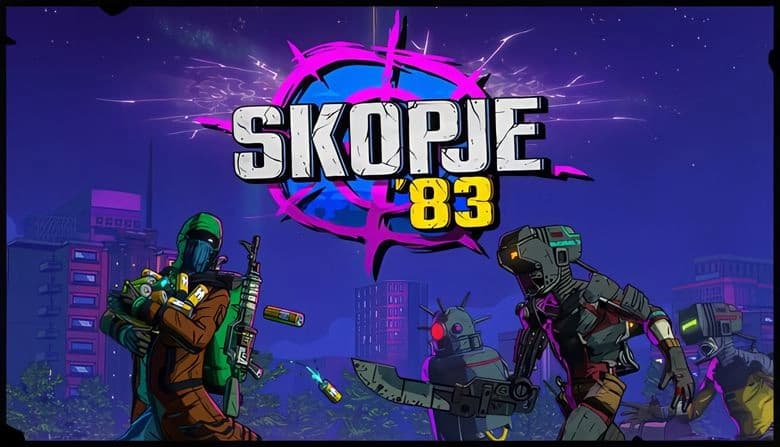Skopje '83: Man in balaclava holds cans, fleeing robotic foes in neon cityscape under starry sky, vibrant buildings surround.
