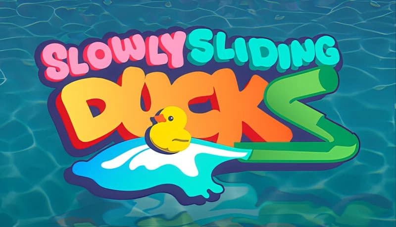 Slowly Sliding Ducks: A bright rubber duck on a watery blue slide against a colorful, bold title amidst vibrant water.
