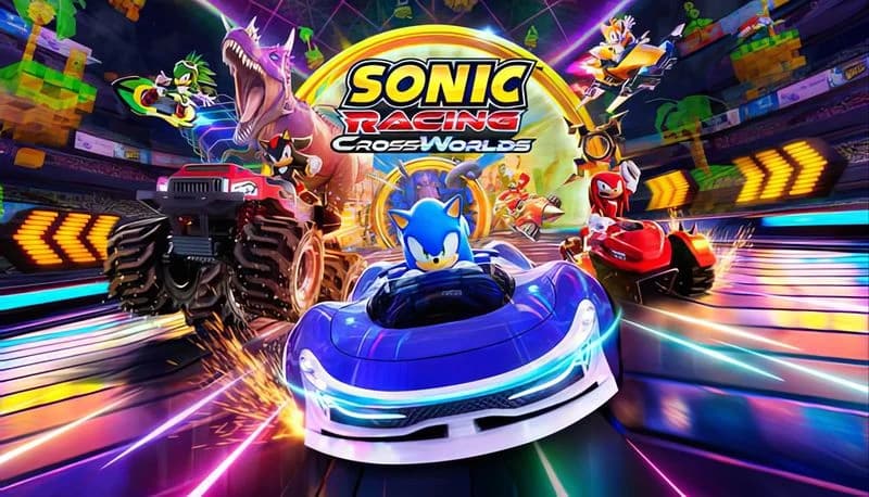 Sonic Racing: Sonic drives a blue car, dodging obstacles with friends in vibrant, fast-paced race through colorful circuit.