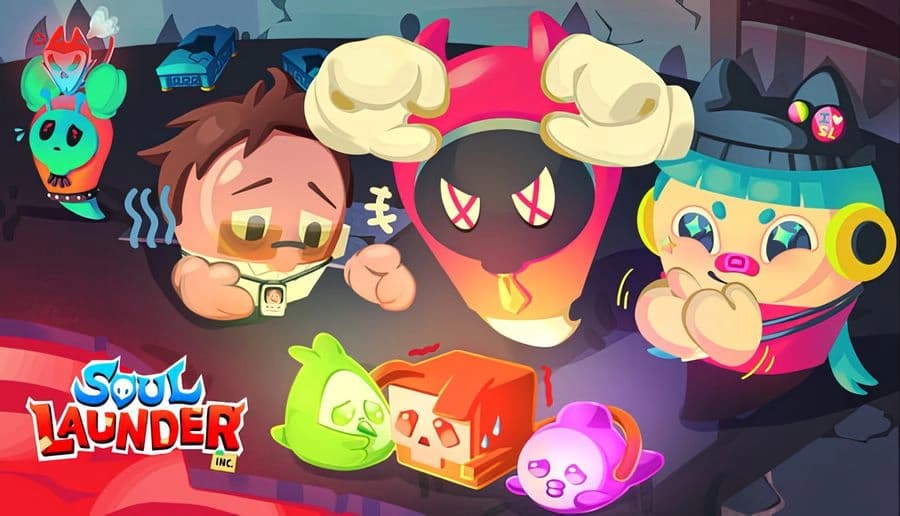 Soul Launder Inc.: four cartoon workers and ghost-like faces with tools and gems on a dark cave-like floor backdrop.
