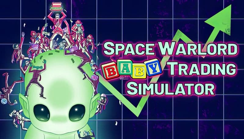 Space Warlord Baby Trading Simulator: Giant green baby surrounded by tiny astronauts on grid background with green arrow.