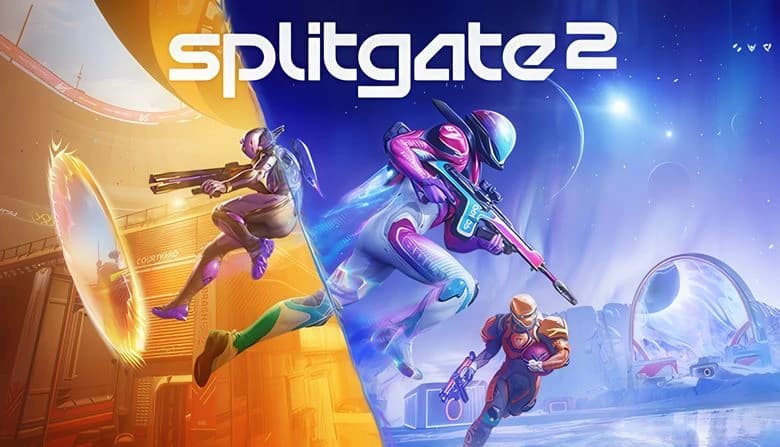 Two soldiers in colorful, futuristic armor leap through glowing portals, transitioning between urban and cosmic environments.