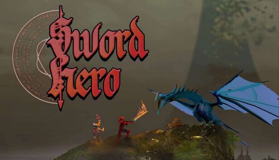 Sword Hero: Two armored figures wield flaming swords against a blue dragon on a grassy hilltop under a dark sky.
