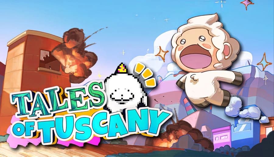 Tales of Tuscany: plush sheep mascot shouting with arms out, explosions behind, colorful blocky buildings at dusk.