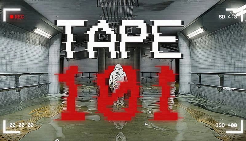 Tape 101: Hooded figure walks through a flooded, dimly lit tunnel, captured on a grainy surveillance camera view.