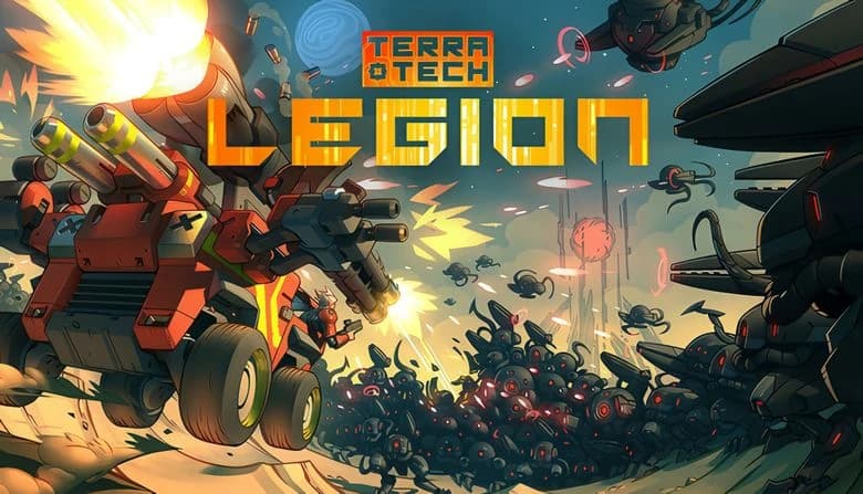A heavily armed vehicle with large cannons races across a battlefield, firing at swarming robotic enemies and enemy drones.