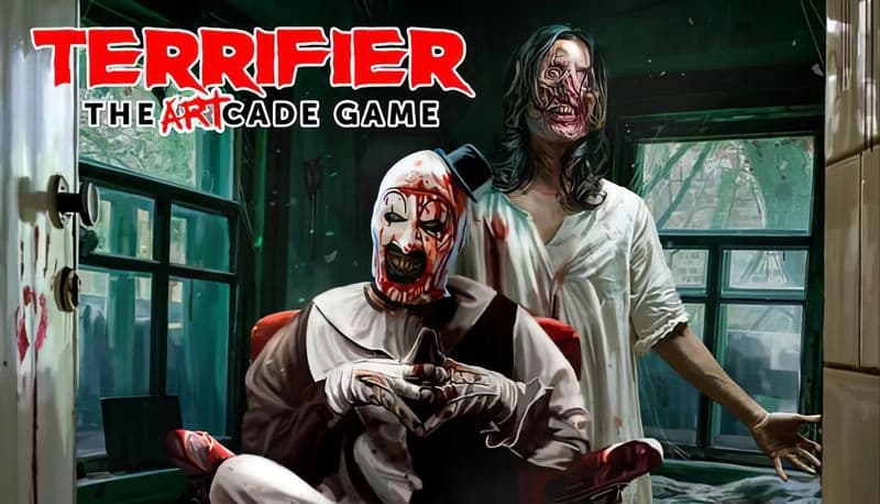 Terrifier: Blood-stained clown seated in a dim room, grinning as a young woman with a torn face stands behind him.
