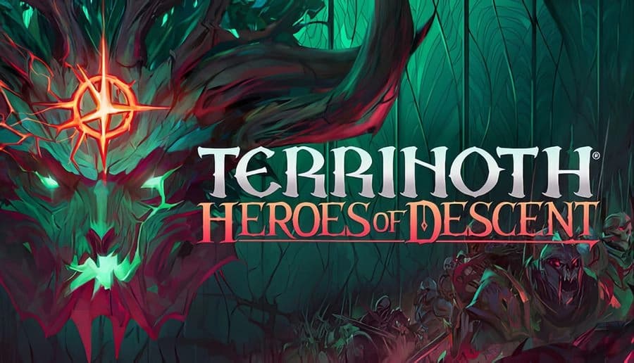 Terrinoth®: Horned demon skull looms with glowing green eyes and runes above tiny battle silhouettes in mist.