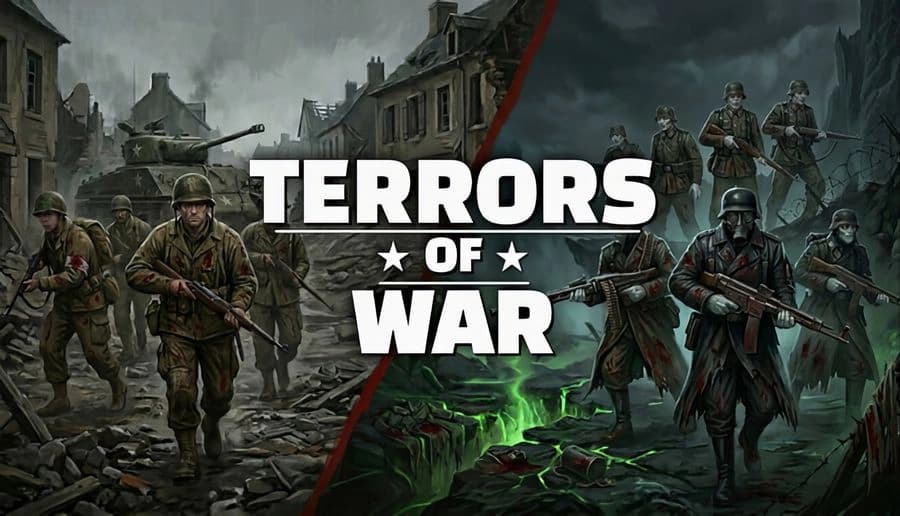 Terrors of War: US and German soldiers advance with rifles past ruined buildings and a glowing green cratered street.