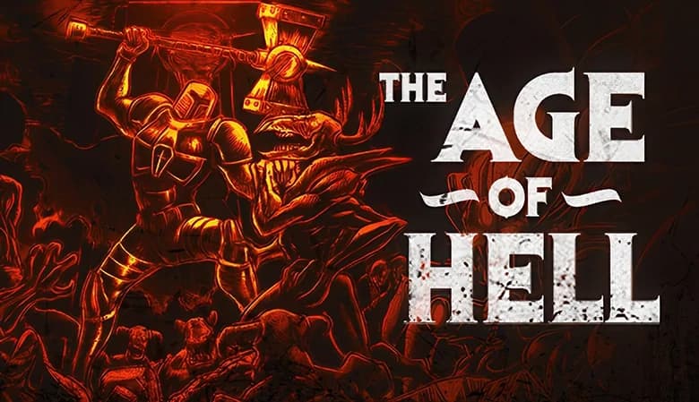 A knight in detailed armor wields a massive hammer, battling fierce demonic creatures amidst fiery chaos in amber light.
