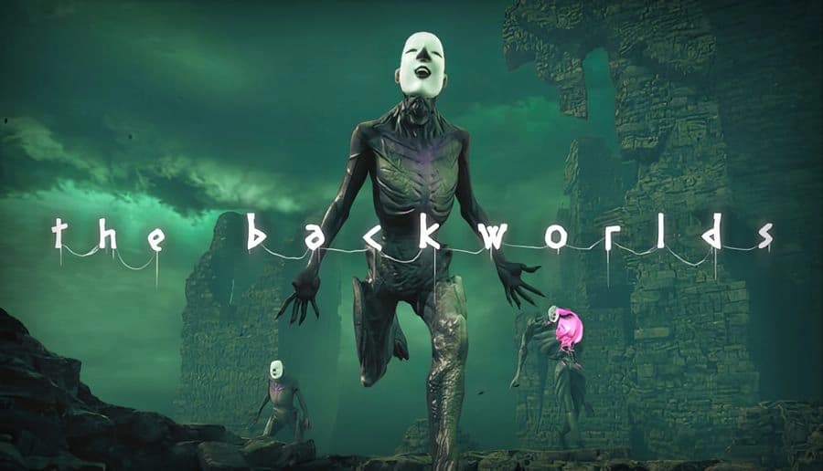 THE BACKWORLDS: Faceless creatures run through crumbling ruins under a misty green sky in an eerie, abandoned landscape.