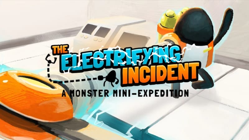 A black robot in an orange suit uses a spring arm with a claw amid sparks in a futuristic facility.