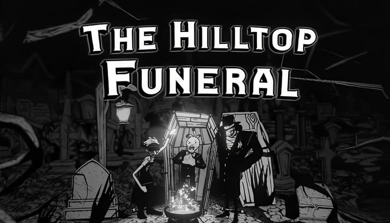 The Hilltop Funeral: Two pallbearers carry a casket through a dark cemetery with gravestones and eerie trees in the backdrop.