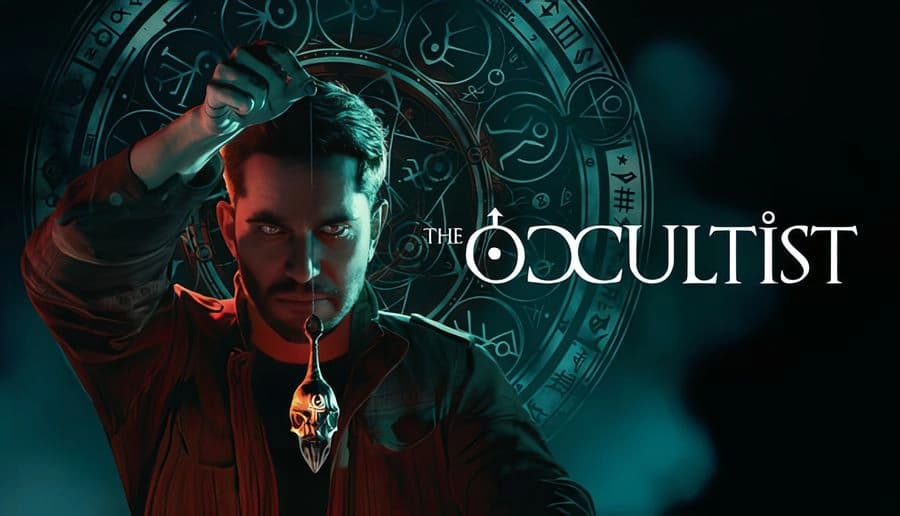 The Occultist: Man holding skull pendulum, glowing occult symbol in background, dark misty atmosphere.