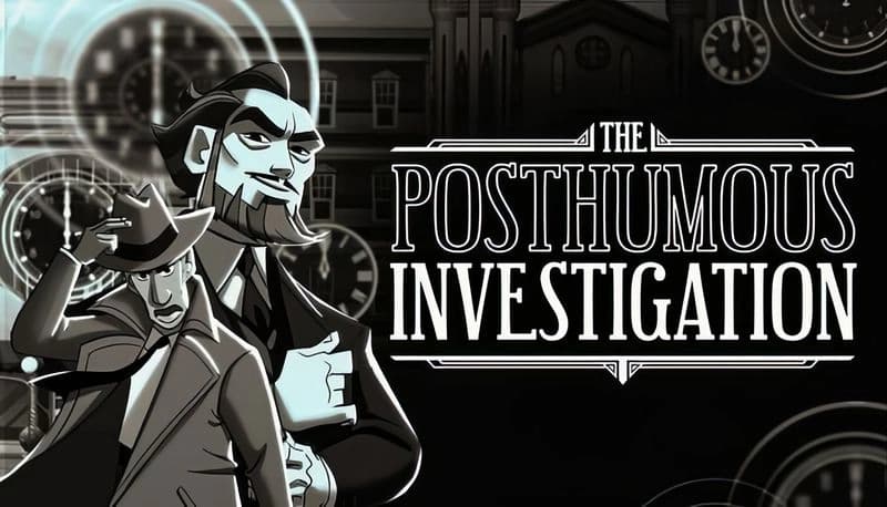 The Posthumous Investigation: Detective in trench coat and man in suit stand before clock-filled backdrop and buildings.