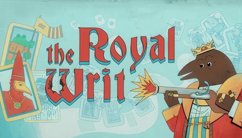 A humanoid mole wearing a crown and jewelry fires a medieval musket. Cards with various figures are displayed behind.