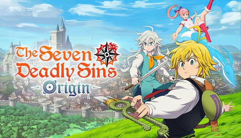 The Seven Deadly Sins: Blond young man with sword, snake dagger, two allies in vibrant medieval town, castle backdrop.