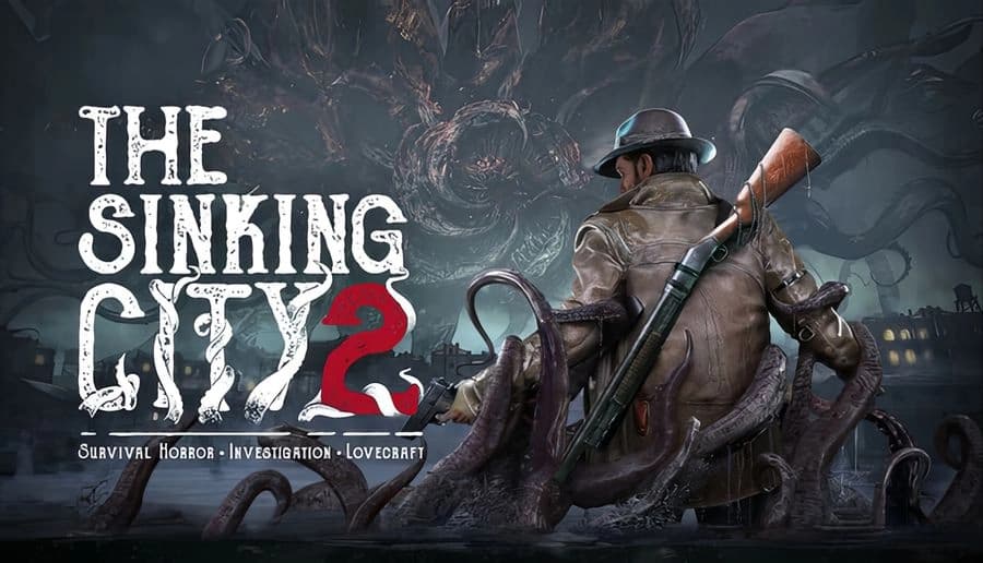 The Sinking City 2: trenchcoat man with rifle faces giant tentacles in a flooded street beneath stormy skies.