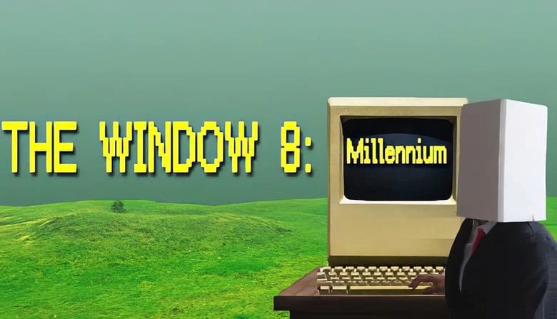 The Window 8: Figure with box head in suit faces vintage computer with "Millennium" screen, set in grassy landscape.