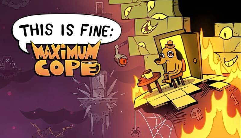 This Is Fine: Cartoon dog sits calmly in a burning room with a coffee cup, surrounded by flames and quirky decorations.