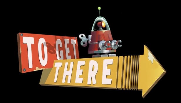 A small, red robot with a glowing antenna stands beside a red and yellow arrow, suggesting a directional theme.